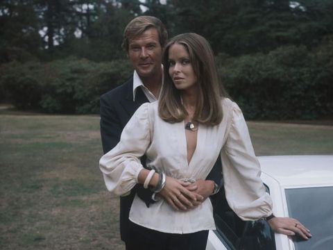 Actors Barbara Bach and Roger Moore, stars of the James Bond film 'The Spy Who Loved Me', at Pinewood, UK, 1977.   (Photo by Hulton Archive/Getty Images)