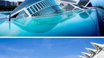 City of Arts and Sciences, Valencia, Spanyol. Ini adalah contoh mengagumkan dari arsitektur modern. Terletak di atas air di tengah taman di Valencia, gedung ini terlihat futuristik. Kompleks ini punya 5 bangunan yang terdiri dari plaza, bioskop, taman, museum sains dan taman oseanografi.