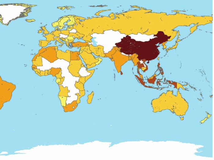 Peta negara-negara dunia penghasil sampah, dalam satuan jutaan metrik ton/MT. (Jenna R Jambeck dkk/Science Mag)