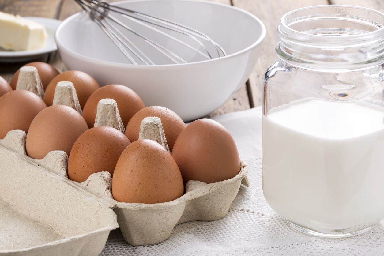 Ingredients for making omelette (eggs, milk, butter)