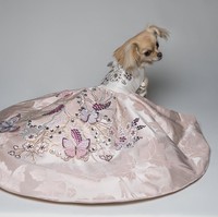 Anjing juga bisa tampil mewah dan klasik ala putri Prancis. Gaun bernama ‘Pink Belle Prelle’ ini terbuat dari kain Damask Silk produksi Prelle.  Foto: Dok. Furdrobe