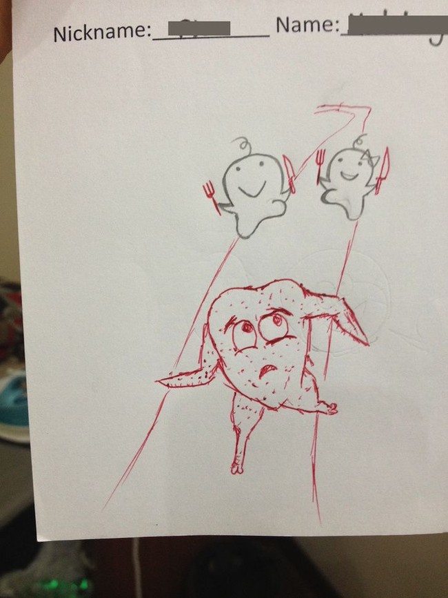 Di kertas ulangan, beberapa murid kreatif biasanya suka memanfaatkan ruang kosong untuk menggambar. Guru berikut pun tak mau kalah dan selalu menambahkan gambar lain dengan pulpen merahnya. Foto: Imgur Squeezymo  