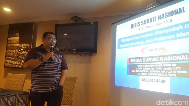 Direktur Eksekutif Median, Rico Marbun, saat menyampaikan hasil survei Pilpres 2019