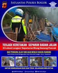 Separuh jalan di Riung Gunung Puncak retak pada Rabu (28/11), bus dan truk dilarang melintas