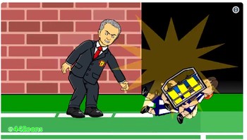 Untung aksi lempar botol Mourinho tak sampai membuat para anak gawang alias ball boy jadi korban seperti dalam kreasi ini. (Foto: Internet/Twitter)