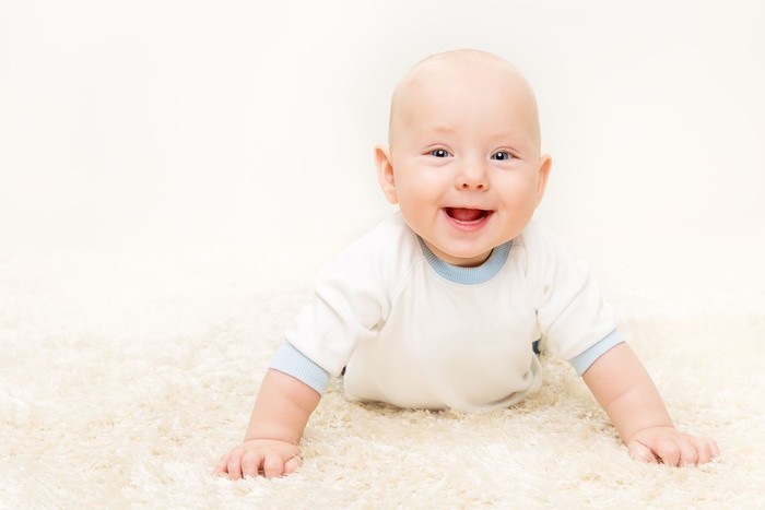 846511250 Baby Boy, Happy Infant Kid Portrait, Cute Smiling Child lying on stomach standing on arms