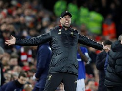 Liverpool menjamu Everton di Anfield dalam tajuk Derby Merseyside, Minggu (2/12/2018). Manajer The Reds, Juergen Klopp, tampak emosional di teknikal area. (Foto: Phil Noble/Reuters)