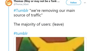 Netizen ini membayangkan bagaimana bingungnya Tumblr ketika ditinggal penggunanya. Foto: Twitter