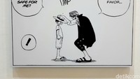 Hello, One Piece Luffy is Here! langsung diprakasai oleh Eiichiro Oda, sang pengarang manganya. Oda pun mengajak pengunjung untuk mengenal kisah-kisah Luffy lebih dekat, dengan memajang potongan-potongan cerita Luffy (Afif Farhan/detikTravel)