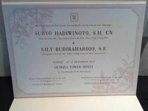 Undangan pernikahan Suryo Hadiwinoto dan Lily Budihardjo