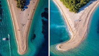 Potret Pantai Zlatni Rat di Kroasia sebelum dan setelah diterjang badai. (Foto: Brightside)