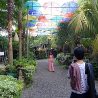 Pengunjung berfoto di bawah instalasi payung warna-warni. Untuk memasuki area Big Garden Corner, pengunjung dikenakan biaya tertentu. Tiket masuk wisatawan domestik dibanderol Rp 30 ribu dan sudah termasuk minuman kemasan. Foto: Daniel Ngantung/Wolipop