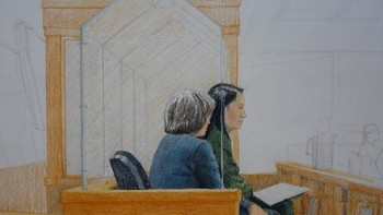 Suasana pengadilan tak boleh difoto melainkan hanya dipublikasikan dalam bentuk ilustrasi. Ini gambar Meng di ruang pengadilan. Foto: Reuters