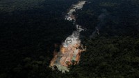 Penampakan area tambang mineral ilegal yang berlokasi di kawasan hutan Amazon. Tambang ilegal itu pun tak hanya berdampak pada deforestasi hutan Amazon tetapi juga menimbulkan konflik antara penduduk lokal dengan korporasi pertambangan.