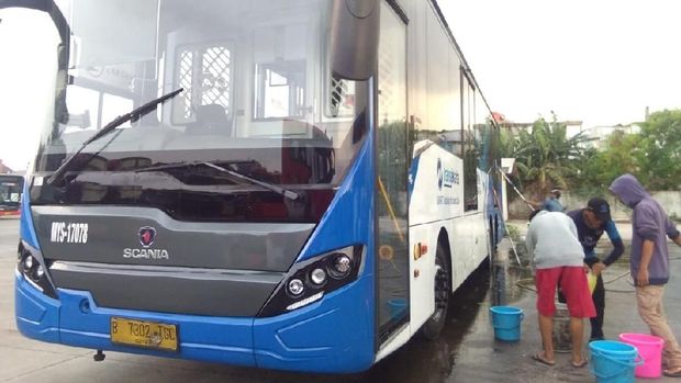 Aksi TransJ-Jakmania Bersihkan Coretan 'JKT DAY' di Bus
