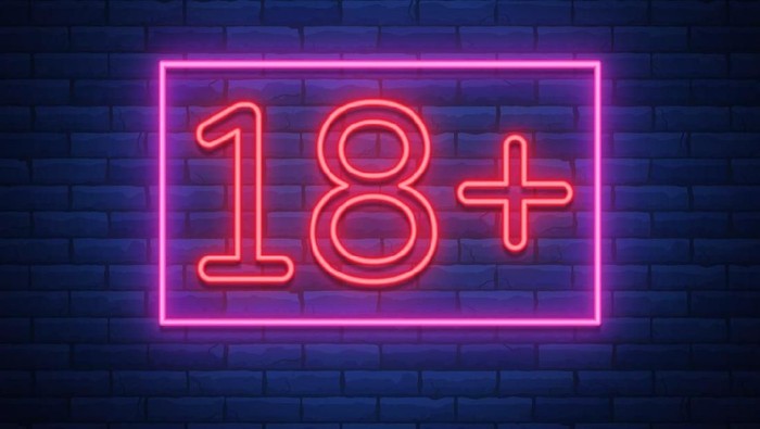 Eighteen plus, age limit, sign in neon style. Only for adults. Night bright neon sign, symbol 18 plus. Vector Illustration.