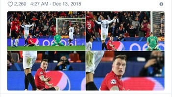 Phil Jones mencetak gol bunuh diri yang saat itu membuat timnya ketinggalan 0-2 atas Valencia. MU akhirnya cuma bisa membalas satu gol dan kalah 1-2 di kandang El Che. (Foto: Internet/Twitter)