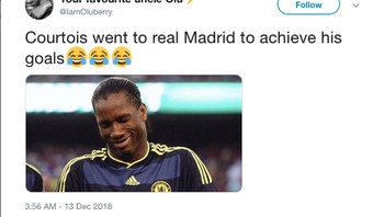 Meme ini juga mencomot foto Drogba, yang menertawakan salah satu alasan kepindahan Courtois ke Madrid di musim panas. (Foto: Internet/Twitter)