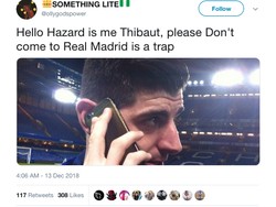 Halo, Hazard. Jangan datang ke Real Madrid. Begitu kata Courtois memperingatkan Eden Hazard agar tak bernasib sama seperti dininya. (Foto: Internet/Twitter)