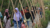 Sepanjang jalan menuju pasar, pengunjung disuguhi pemandangan hamparan persawahan hijau di kanan kiri jalan serta lorong bambu yang unik dengan sejumlah spot foto yang instagramable. Antara Foto/Anis Efizudin.
