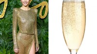 Gaun emas ini membalut tubuh Kendall Jenner dengan sempurna. Tapi siapa sangka, ia justru dinilai mirip champagne. Foto: Istimewa