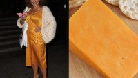 Gaun oranye yang dikenakan Nadia Sawalha dibilang mirip keju. Jadi laper ya melihatnya hihi. Foto: Istimewa
