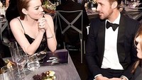 Saling menatap, ini momen manis Emma Stone dan Ryan Gosling saat menikmati jamuan makan malam di sebuah acara resmi. Dua pemeran La La Land ini kelihatan matching dengan pakaian bernuansa hitam. Foto: Instagram emmastonepictures