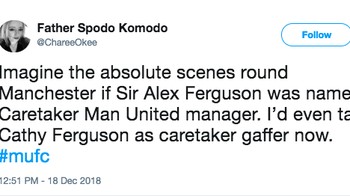 Bayangkan adegan yang terjadi di Manchester jika Alex Ferguson ditunjuk sebagai manajer caretaker MU. Aku bahkan akan mengambil istrinya sebagai caretaker Foto: istimewa