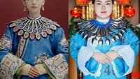 Salah satu peran dalam TV show asal China juga tak luput dari kreasi kostum unik a la Sine. Ia menyusun sendok makan dan sendok sup sebagai aksen di kerah bajunya. Foto: Instagram farmsook_lek_lek