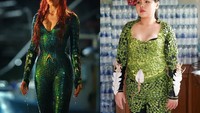 Selain membuat kostum Aquaman, gadis asal Thailand itu juga membuat kostum sosok Princess Mera. Tumpukan buah pete dan bawang merah membalut tubuh dan menghiasi kepala Sine. Foto: Instagram farmsook_lek_lek