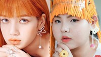 Udah mirip belum? Lisa BLACKPINK versus Sine. Rambutnya sengaja nggak diwarnain, tapi dibuat dari susunan stik kentang. Ada juga cincin biskuit dan anting lolipop. Kreatif! Foto: Instagram farmsook_lek_lek