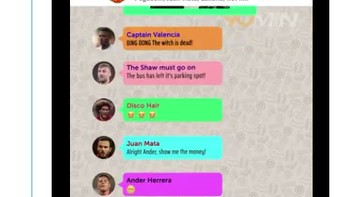 Meme ini berisikan grup obrolan pemain MU yang dengan gembira menggunjingkan pemecatan Mourinho. (Foto: Internet/Twitter)