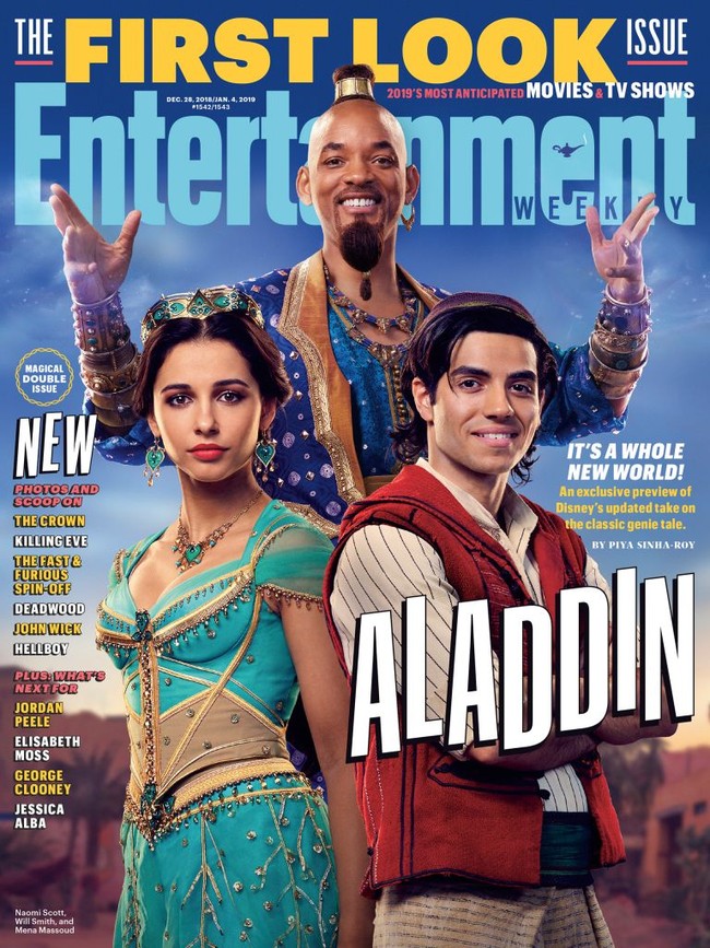 Naomi Scott sebagai Jasmine, Mena Massou sebagai Aladdin dan Will Smith yang memerankan Genie, berpose untuk sampul majalah Entertainment Weekly. Bagaimana menurut kamu para pemeran Aladdin versi live-action ini? Foto: dok. Daniel Smith/Disney