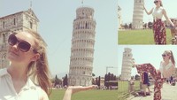 Gaya lucunya di Menara Pisa, Italia. (pollyoddsocks/Instagram)