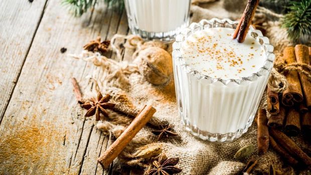 Classic Christmas drink Eggnog, chilean Cola de mono (monkey tail) cocktail, or Puerto Rican Coquito  eggnog, on old wooden background with pine tree branches copy spaces