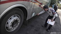 Petugas Dinas Perhubungan mengecek uji KIR yang tertempel di badan bus.