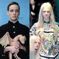 Ketika model umumnya membawa tas atau aksesori di tangannya sepanjang runway, fashion show Gucci menyajikan kepala dan naga sebagai penggantinya. Foto: Ist, Getty Images