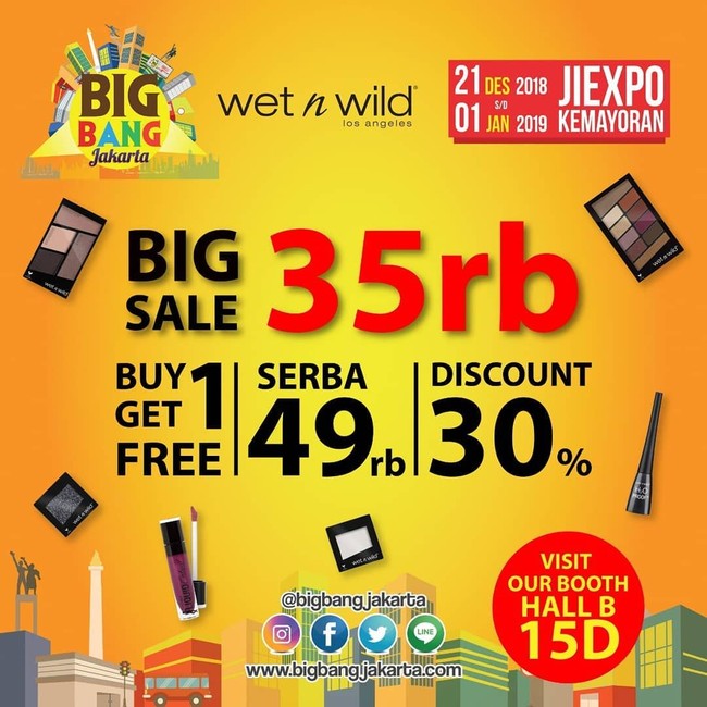 Untuk wanita, selain busana Anda juga bisa mendapati beragam makeup. Wet and Wild pun mengadakan big sale. Di Big Bang Jakarta 2018, brand makeup tersebut memberi penawaran diskon hingga 30% dan Buy 1 Get 1 free. Beberapa pilihannya bahkan dijual Rp 35 ribu. Foto: Instagram @bigbangjakarta