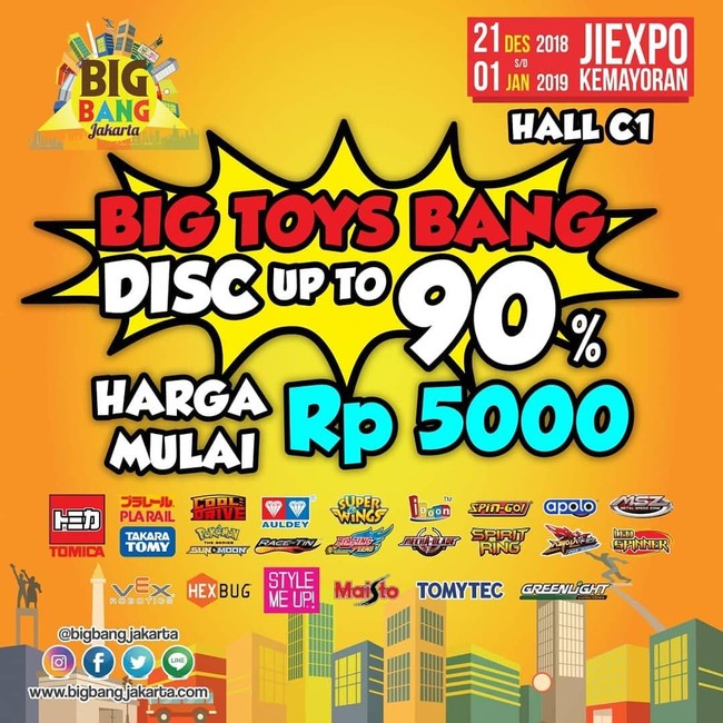 Bagaimana dengan mainan anak? Di Hall C1, ada Big Toys Bang yang diskon hingga 90%. Mainan dari berbagai brand yang tertulis di gambar ditawarkan mulai dari Rp 5 ribu saja. Foto: Instagram @bigbangjakarta