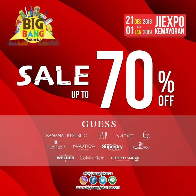 Wanita juga bisa memuaskan hasrat berbelanja busana dan aksesori di festival cuci gudang tahunan Big Bang Jakarta 2018. Karena tersedia juga brand-brand fashion kenamaan yang diskon 70%, seperti Guess, Banana Republic, GAP, Calvin Klein, VNC, hingga Swarovski. Foto: Instagram @bigbangjakarta