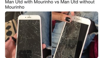 Retak pada tempered glass smartphone diibaratkan sebagai sosok Mourinho. Setelah tempered glass rusak itu dicopot, smartphone terlihat oke lagi. (Foto: Internet/Twitter)