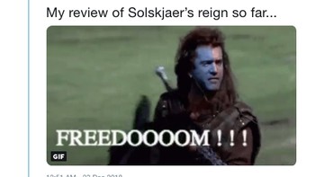 Adegan dari film Braveheart ikut dicomot, menilai para pemain MU kini bisa main lebih bebas dan lepas bersama Solskjaer. (Foto: Internet/Twitter)