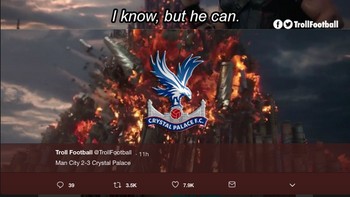 Meme ini membawa-bawa adegan dalam film Thor. Liverpool tak bisa mengalahkan City (skor 0-0 bulan Oktober lalu) tapi masih ada Palace. (Foto: Internet/Twitter)