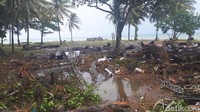 Kursi-kursi terlihat tumpang tindih dengan ranting-ranting pohon yang terbawa tsunami. 