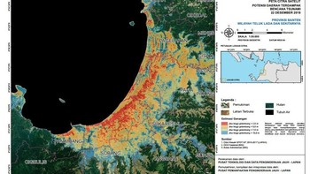 Peta citra satelit ini memperlihatkan pesisir Anyer, di mana warna estimasi tinggi gelombang 2,5 m (merah), tinggi gelombang 5 m (kuning), tinggi gelombang 7,5 m (hijau), dan tinggi gelombang 10 m (biru). Foto: Dok. LAPAN
