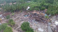 Melihat jepretan dari udara, rumah warga dan pohon di Desa Waymuli banyak yang roboh tersapu ombak.
