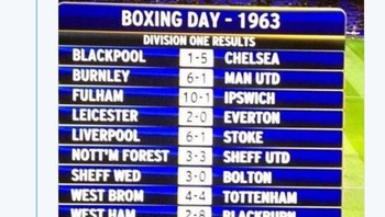 Salah satu hasil Boxing Day puluhan tahun silam, yang dicuitkan fans Liverpool. Ia menyebut-nyebut hasil buruk Manchester United. (Foto: Internet/Twitter)