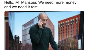 Meme Pep Guardiola menelepon bos besar untuk minta dana transfer setelah City kalah lagi. (Foto: Internet/Twitter)