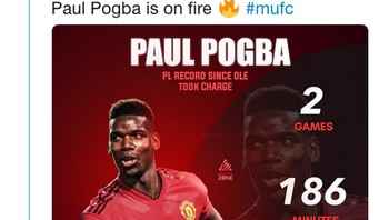 Dalam kemenangan teranyar MU, Paul Pogba tampil jadi bintang dengan dua golnya. Ini melanjutkan performa apiknya di bawah arahan Solskjaer setelah di laga sebelumnya bikin dua assist. (Foto: Internet/Twitter)
