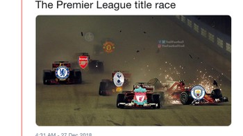 Satu lagi gambaran analogi persaingan Premier League Inggris; Liverpool memimpin, City malah rontok. (Foto: Internet/Twitter)